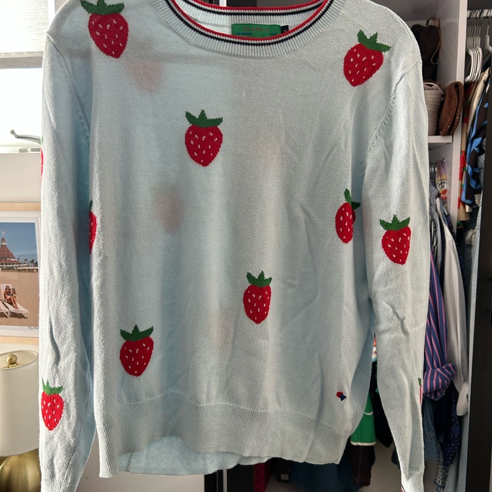 Clare V Light Blue Sweater with Red Strawberry Design